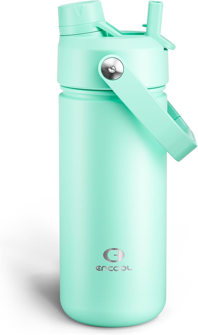 ENCOOL Insulated Water Bottle with Straw Stainless Steel Water Bottle, Leak-Proof, BPA-Free, Double Wall Vacuum Keeps Cold for 24 Hours for Sports, Travel, School (18 oz, Brook Green)