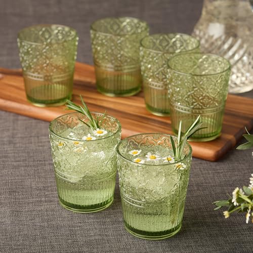 Certified International Victoria Green Set of 6 Premium Acrylic DOF Glass 16 oz – Unbreakable Drinkware with Elegant Embos...