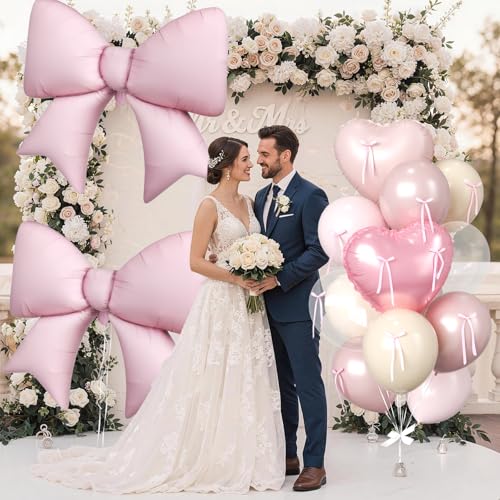 16Pcs Pink Heart Balloons, 38 Inch Bow Balloons, Double Stuffed Pearl Pink Clear Balloon and Bow Heart Shaped Foil Balloon...