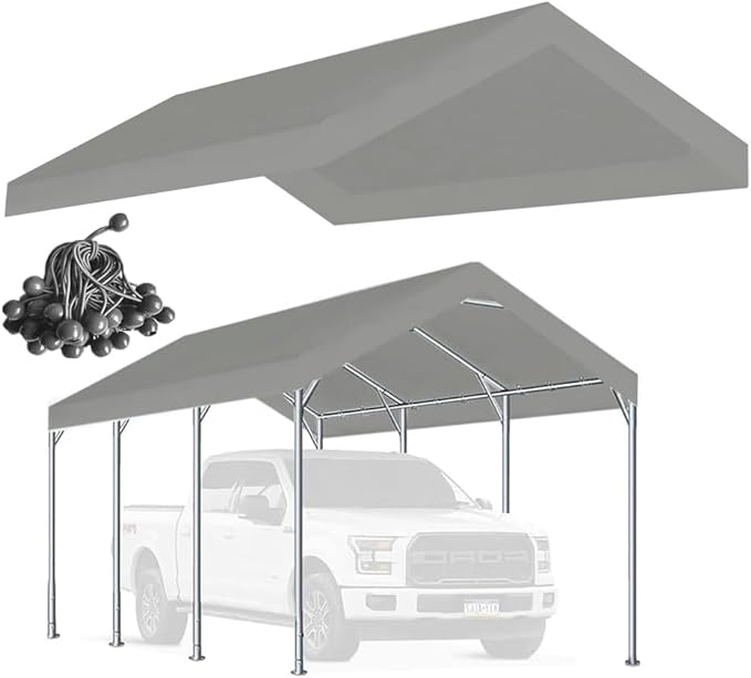 Rutile 10 x 20 FT Carport Replacement Cover, Heavy Duty Car Tarp Canopy Tent Replacement Top w/Ball Bungees Gray (Only Top...