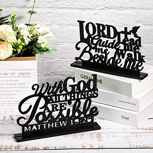 Geetery 4 Pcs Inspirational Centerpiece Table Decorations Blessed Wooden Signs Religious Table Decor with God Possible Bib...