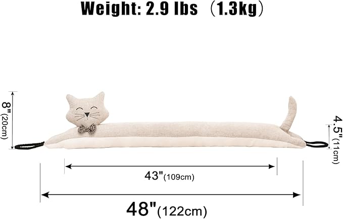 Marwood Under Door Draft Stopper Decorative Wind Stopper 48 inch for Door & Window, Weighted Animal Air Draft Stopper Snake Noise Blocker for Bottom of Door with Hanging Loops - Khaki Cat