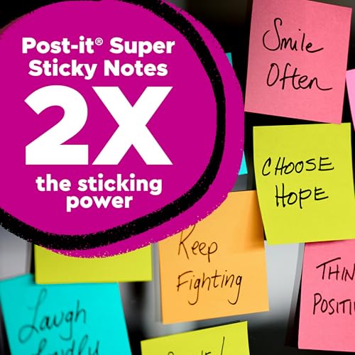 Post-it Super Sticky Notes, 24 Sticky Note Pads, 3 x 3 in., Ideal for Organization in Your Dorm, Home or Office, 2X The St...