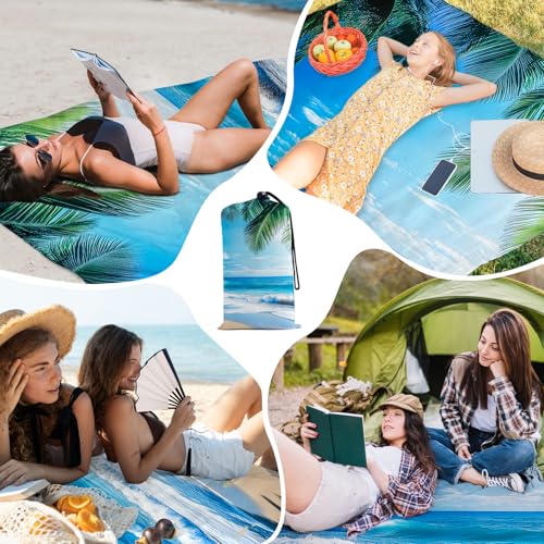 Beach Blanket Waterproof Sandproof, Palm Tree Oversized Extra Large Picnic Mat 83"×95"/8 × 7 FT for 1-7 Adults for Travel ...