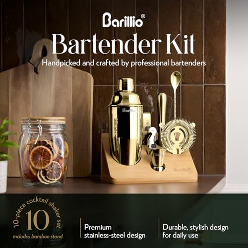 Barillio Gold Bartender Kit - Stainless-Steel Cocktail Shaker Set w/Bamboo Stand - Mixology Bar Tools w/Shaker, Drink Mixe...