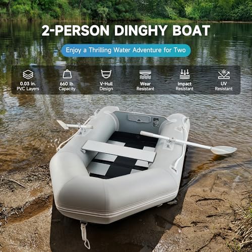CO-Z 7.5ft Inflatable Dinghy Boat for 2 Adults, 660lb Capacity Heavy-Duty PVC Raft with Aluminum Floor & Oars, Motor Moun...