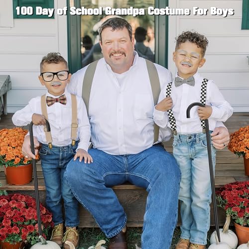 Horolam Kids Old Man Costume, Kids 100 Days of School Costume for Boys with Fake Beard Eyebrow Walking Cane Glasses Suspender