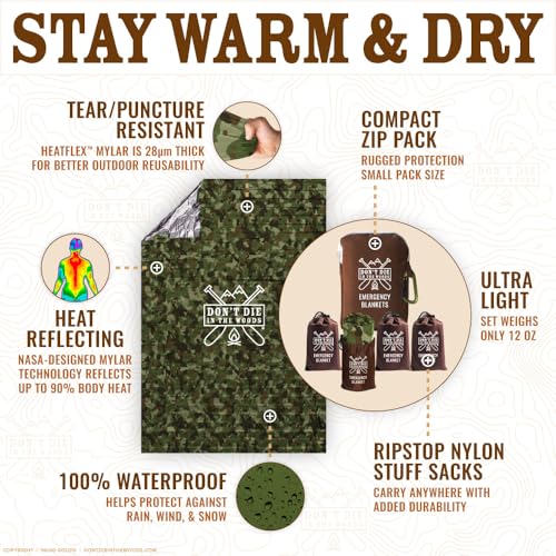 Don't Die In The Woods - World’s Toughest Emergency Blankets [4-Pack] Extra Thick Thermal Mylar Space Blanket - One of The...