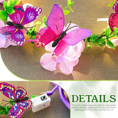 DRESBE Light Up Butterfly Flower Crown LED Floral Headband Glow Fairy Hair Accessories for Women (Purple)