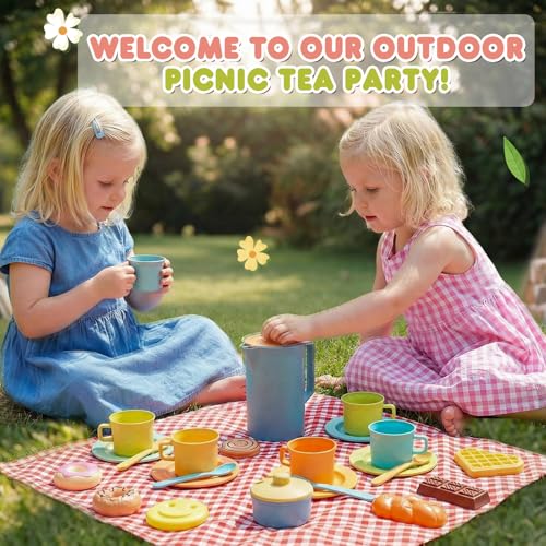 HERSITY Picnic Basket Toys for Toddlers, Kids Play Tea Sets with Teapot Tea Cup Dessert Food and Mat, Pretend Play Kitchen...