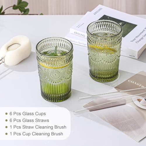 ZMOWIPDL Vintage Glassware Drinking Glasses Set of 6,13 oz Green Textured Flower Design Glass Water Tumblers，Embossed Stri...
