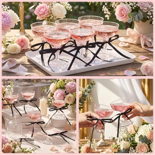 Zopeal 30 Set Disposable Plastic Coupe Glasses With Satin Ribbon Bow 5 oz Acrylic Champagne Tower Cocktail Unbreakable Pla...