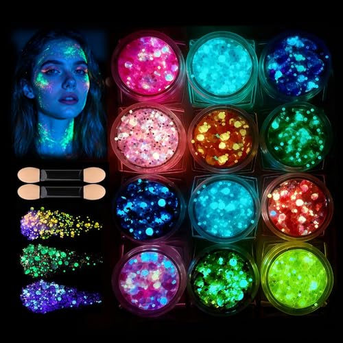 CNDNO 12 Colors Glow in The Dark Glitter Gel,Makeup Chunky Fine Glitter for Women, UV Black Light Body/Face/Hair/Eyeshadow...