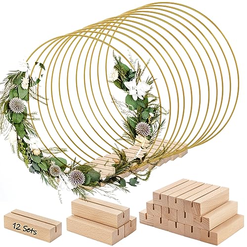 ZOOFOX 12 Pack Metal Floral Hoop Centerpiece with Stand, 12 Inch Large Metal Hoop for Crafts, Wreath Macrame Gold Hoop Rin...