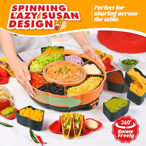 Taco Tuesday Kit - Taco Bar Serving Set for a Party with 33oz Heated Pot, 4 Taco Holders, Detachable Lazy Susan Tray, Perf...