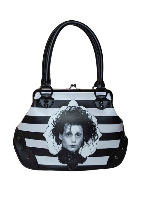 Rock Rebel Edward Scissorhands Black & White Stripe Kisslock Bowler Bag