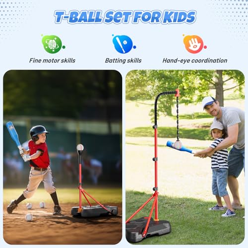 HopeRock 2 in 1 Kids Basketball Hoop and T Ball Set, Adjustable Basket Ball Stand,Hanging Tee Baseball for Toddlers Boys G...