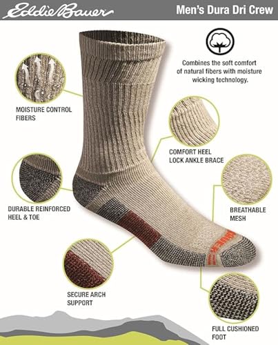 Eddie Bauer mens Dura Dri Moisture Control Crew Socks, 6 Or 12 Pairs