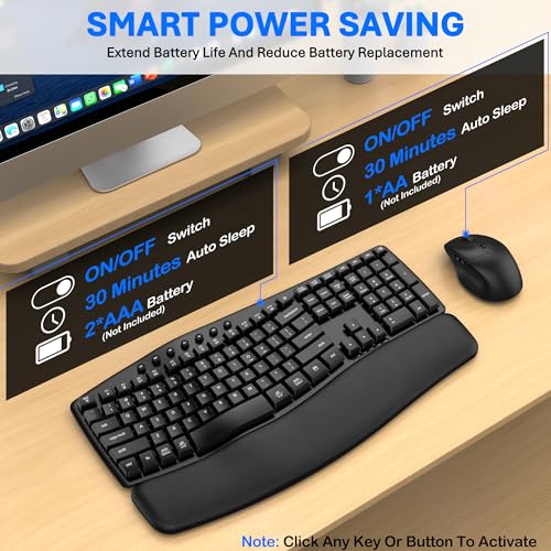 Ergonomic Wireless Keyboard Mouse Combo, EDJO Bluetooth/2.4G Dual-Mode Connection, Soft Foam Wrist Rest, Silent Typing, Wa...