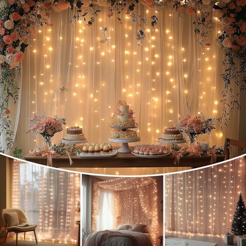 EMHOLDBU Champagne Tulle Backdrop Curtain with Lights String10x8ft Sheer Drapes for Wedding, Birthday, Baby Shower, Bridal...
