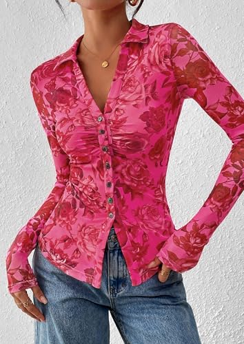 PRETTYGARDEN Women Button Down Floral Shirts 2026 Fall Trendy Long Sleeve V Neck Mesh Boho Blouse Spring Tops Date Outfits