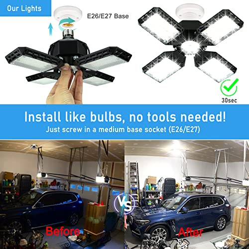 QiyuanLS LED Garage Light,150W Deformable Garage Ceiling Lights,15000LM, 4 Adjustable Panels, E26/E27 Shop Lights for Base...