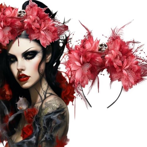 RUSTAMM Halloween Skull Flower Headband Red Flower Crown Gothic Horror Headwear for Party Costume Cosplay Headwear Day of ...