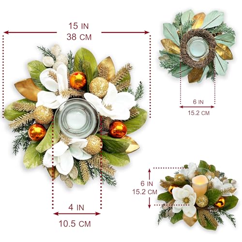 18" Centerpiece with Flameless LED Candle Holder, Design with White Artificial Magnolia, Gold Baubles & Spruce Branches fo...