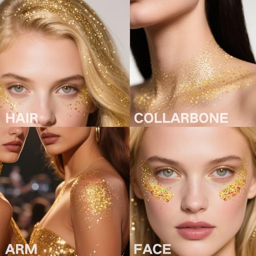 Paminify 4 Jars Gold Face Glitter,Mardi Gras Outfit for Women,Sparkle Gold Body Hair Glitter,Carnival Mardi Gras Makeup Ac...