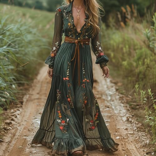 Womens Vintage Western Cowgirl Dresses, Lace Deep V Neck Long Sleeve Maxi Dress, Vintage Boho Western Dresses