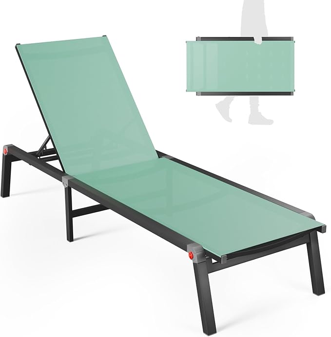 Aluminum Chaise Foldable Patio Lounge Chair Outdoor, Metal Deck Lounger Adjustable 5-Position Recliner Pool Chase Breathable Full Flat Outside Sun Tanning Chairs for Beach/Poolside/Lawn(Green, 1Pack)