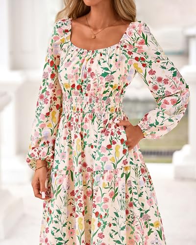 BTFBM Long Sleeve Dress for Women 2026 Spring Fall Boho Floral Square Neck Casual Flowy Long Wedding Guest Maxi Dresses