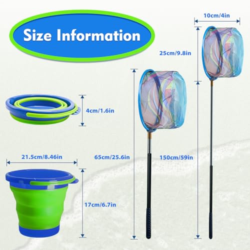 2PCS Kids Fishing Nets with Bucket - Telescoping Handle Retractable Landing Net Lightweight Aluminum Pole for Catch and Re...