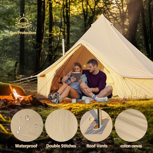 Cotton Canvas Bell Tent, Waterproof Large Tents with Sturdy Center & Door Pole and Space for 4/6/8 Person All 4 Season Cam...