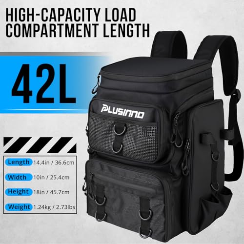PLUSINNO Fishing Backpack with Rod Holders Tackle Box, 42L Large Water-resistant Fishing Tackle Bag Store Fishing Gear