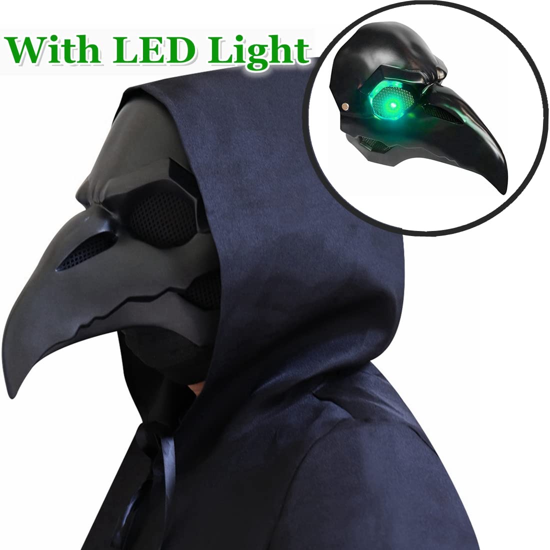 CAFELE Steampunk Plague Doctor Bird Mask with LED Light, Retro Long Nose Beak Cosplay Halloween Masquerade Costume Prop (Green Led)