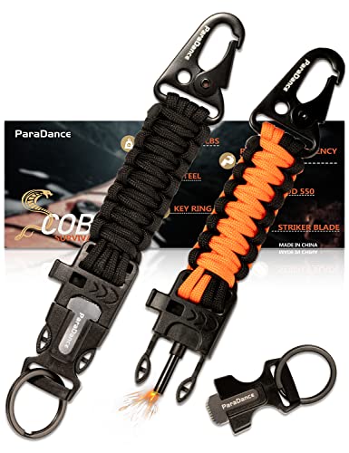 ParaDance Survival Keychain Fire Starter w/Flint Striker Paracord Whistle Keyring for Hiking Camping Fishing Hunting
