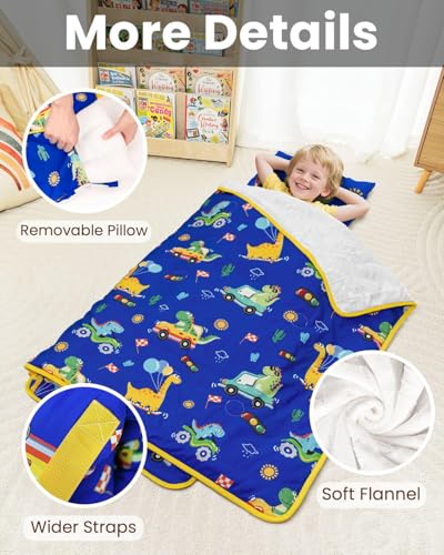 Primlect Toddler Nap Mat with Removable Pillow and Flannel Blanket, Portable Sleep Bag for Kids, Easy to Roll up, Washabl...