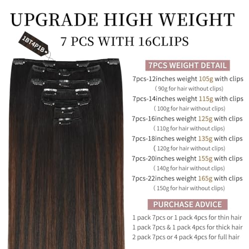 16 Inch Clip-in Hair Extensions Remy Human Hair for Women - Soft Handmade Real Human Hair Clip in Extensions, Straight, Thick, 125g 7pcs #(1BT4) P1B Color