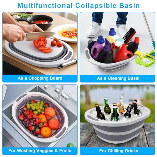 Collapsible Wash Basin, 7.5L Dish Tub Sink Basin Folding Dish Pans for Kitchen Sink, 2-in-1 Dishpan + Cutting Board, Porta...
