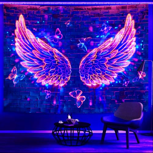 Manicer Blacklight Angel Wings Tapestry, UV Reactive Neon Wings Wall Hanging Tapestries, Fluorecent Butterfly Aesthetic Wa...