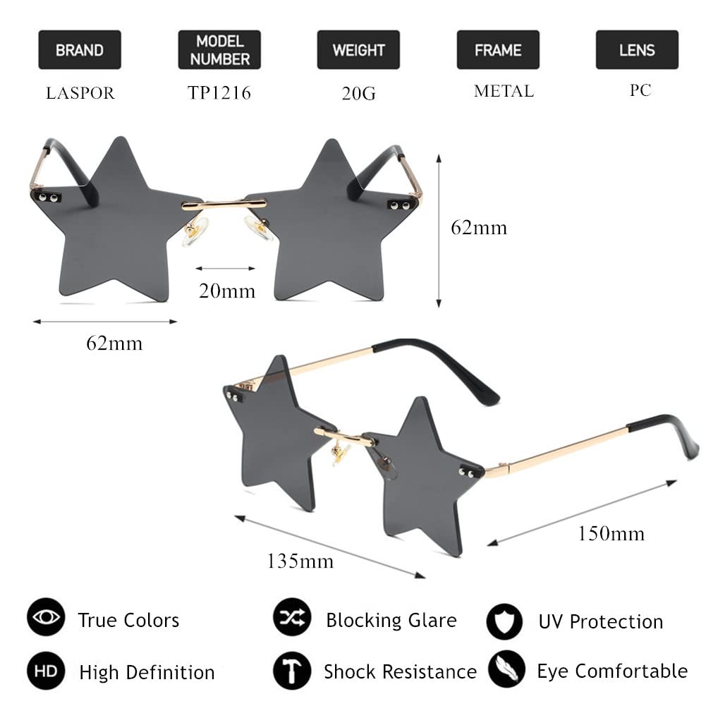 LASPOR Rimless Star shape Sunglasses for women/men Frameless Party glasses Super Cute Vintage Retro Pentagram Eyewears（Blue+Black）