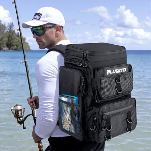 PLUSINNO Fishing Backpack with Rod Holders Tackle Box, 42L Large Water-resistant Fishing Tackle Bag Store Fishing Gear