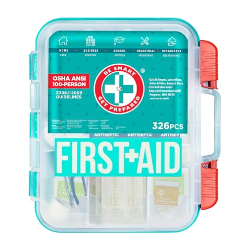 Be Smart Get Prepared First Aid Kit, Teal, 326 Piece, Exceeds OSHA and ANSI Guidelines 100 People - Office, Home, Car, Sch...