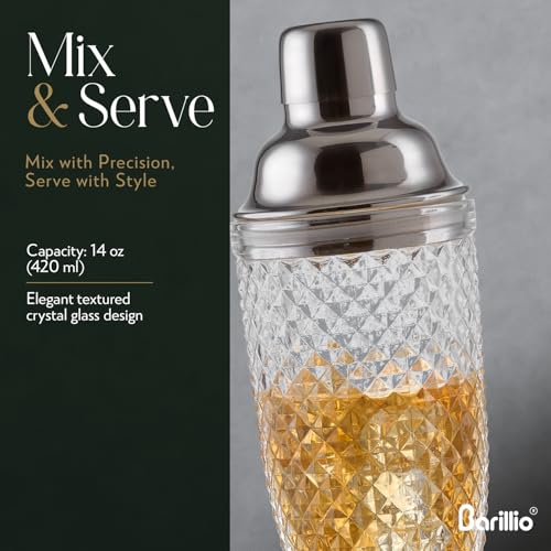 Barillio Glass Cocktail Shaker Set | 14 oz Cobbler Mixer with Bar Tools | Bartender Kit with Measuring Jigger, Mixing Spoo...