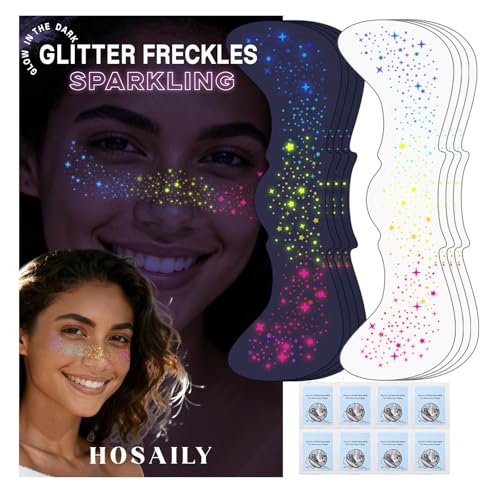 HOSAILY 8pcs Rainbow Face Glitter Freckles Temporary Tattoos, Glow Under UV Light in The Dark Neon Blacklight Multichrome ...