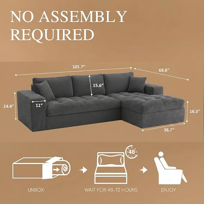NAYA 106” Modular Sectional Sofa, Cloud Sectional Couch with Deep Seat, Modern Modular L-Shape Sofa Boneless Couch with Chaise for Living Room Bedroom (Grey, Cloudy Sofa with Right Facing Chaise)