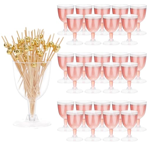 Whaline 200Pcs 5 oz Plastic Wine Glasses with Stem and Gold Pearl Cocktail Picks Set Disposable Clear Cups Drink Goblets w...