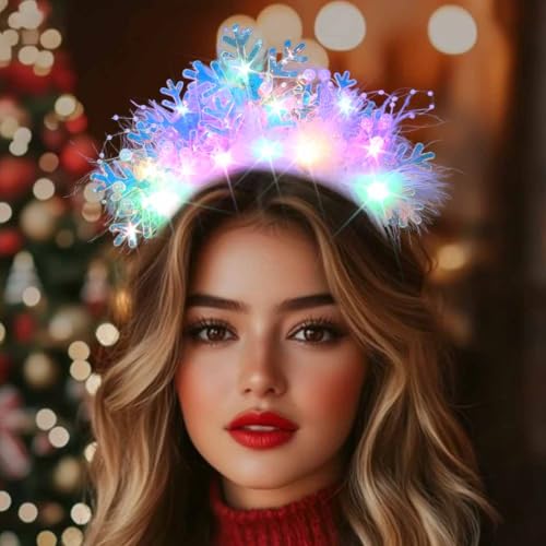DRESBE Christmas Light Up Snowflake Headband LED Feather Pearl Headbands Glow Xmas Hair Accessories for Women