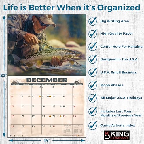 2026 Fresh Water Fishing Illustrated Wall Calendar 16-Month X-Large Size 14x22, Fishing Calendar by The KING Company-Monst...